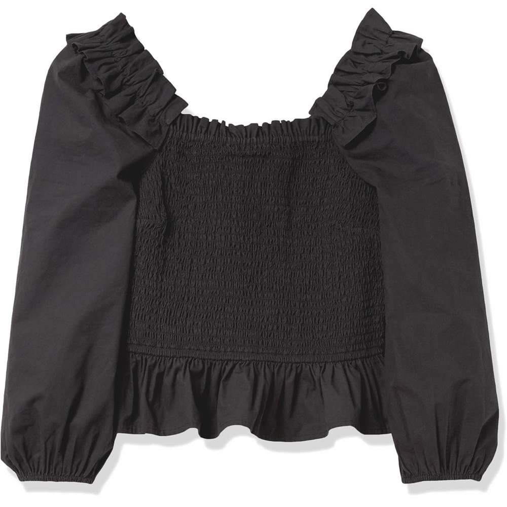 *NWT* The Drop - Chic Black Smocked Blouse with Ruffle Accents -Size L